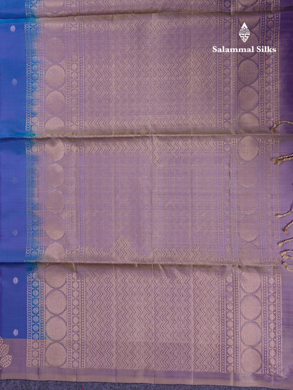 Beautiful Dual Tone Peacock Blue PureMix Kanjivaram Soft Silk Saree With Contrast Light Violet Blouse