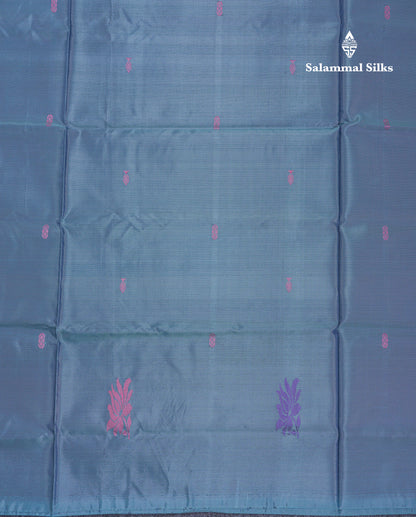 Ice Blue Thread work Buttas Banana Pinth Saree (Vaazhainaar Pattu) With Contrast Navy Blue Blouse