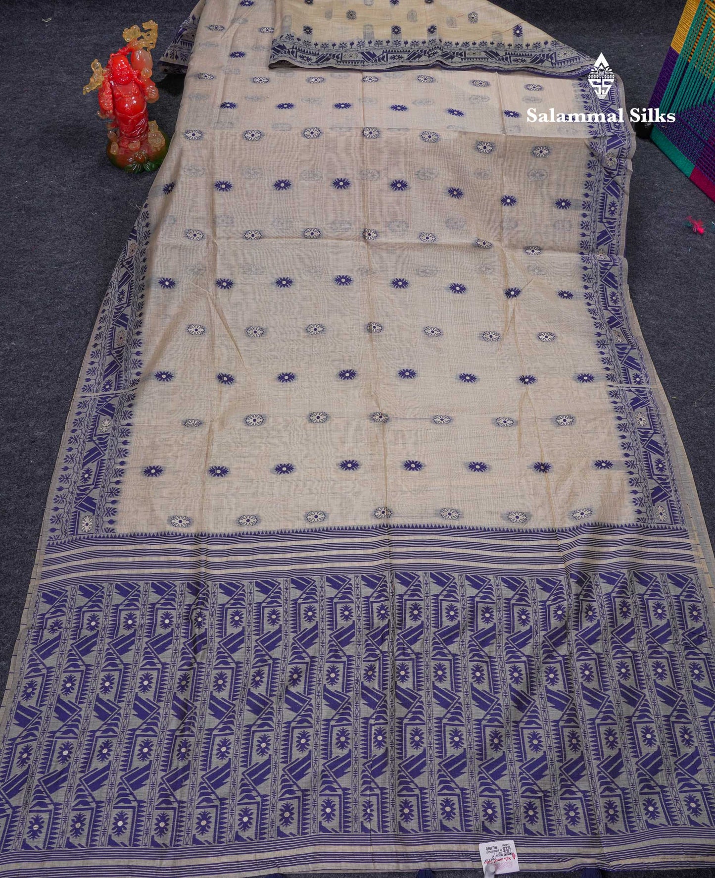 Beautiful Cream Sandal Thread Work & Zari Buttas Muga Cotton Saree With Contrast Pink Fancy Border