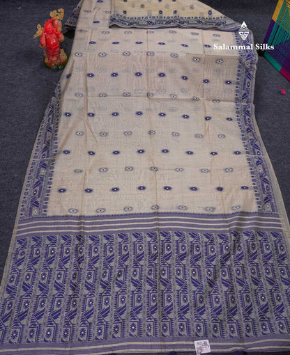 Beautiful Cream Sandal Thread Work & Zari Buttas Muga Cotton Saree With Contrast Pink Fancy Border