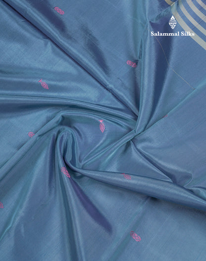 Ice Blue Thread work Buttas Banana Pinth Saree (Vaazhainaar Pattu) With Contrast Navy Blue Blouse