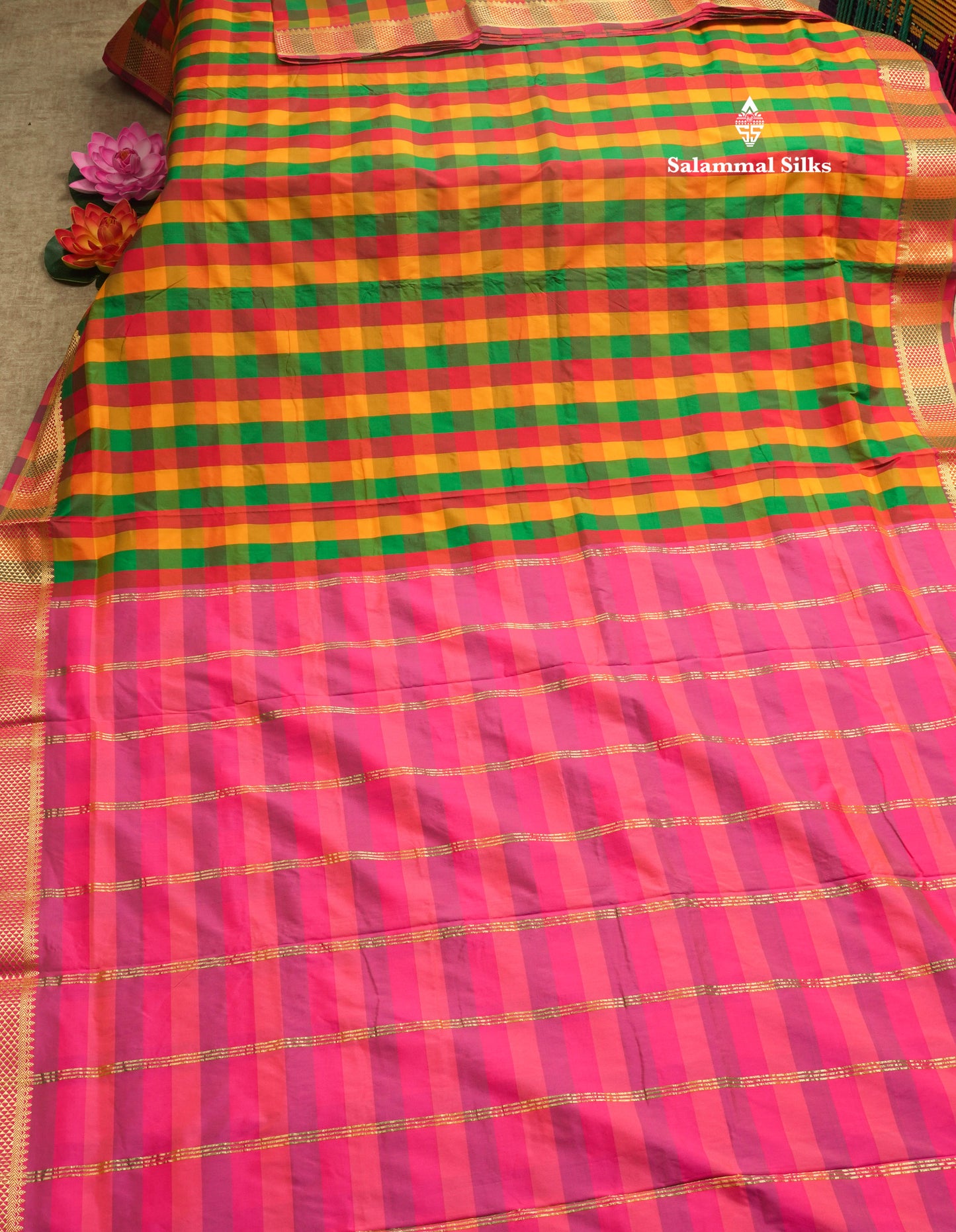 9.5 Yards Semi Silk Saree Multicolour Checks with Self Border