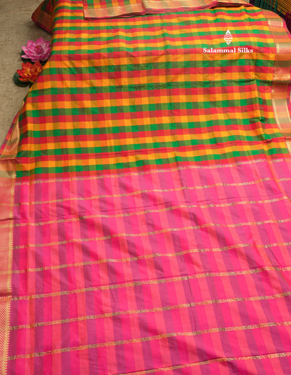 9.5 Yards Semi Silk Saree Multicolour Checks with Self Border