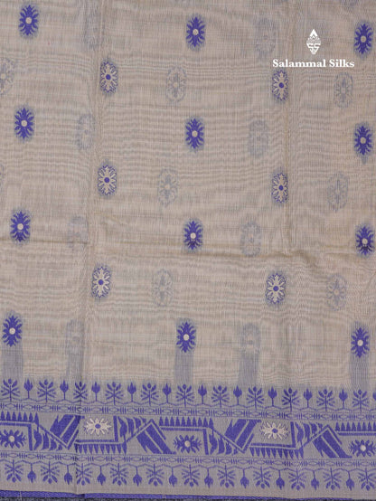 Beautiful Cream Sandal Thread Work & Zari Buttas Muga Cotton Saree With Contrast Pink Fancy Border