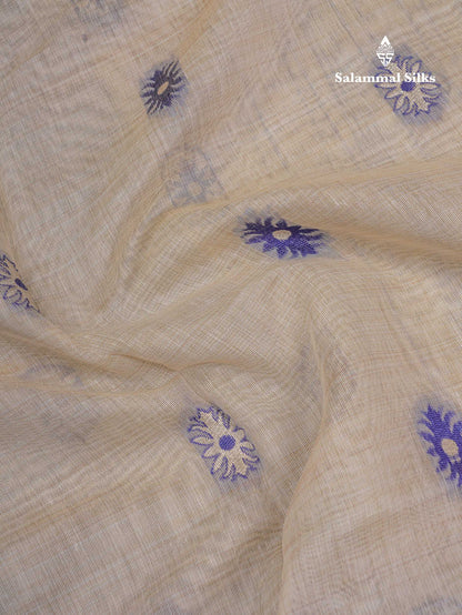 Beautiful Cream Sandal Thread Work & Zari Buttas Muga Cotton Saree With Contrast Pink Fancy Border