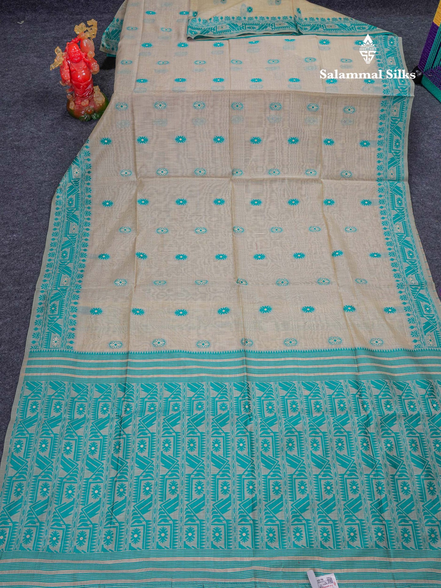 Beautiful Cream Sandal Thread Work & Zari Buttas Muga Cotton Saree With Contrast Pink Fancy Border