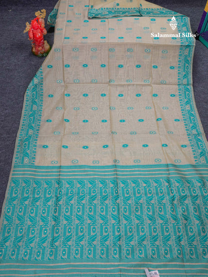 Beautiful Cream Sandal Thread Work & Zari Buttas Muga Cotton Saree With Contrast Pink Fancy Border