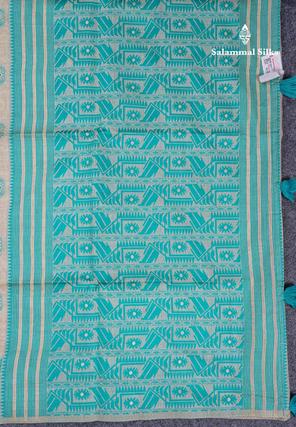 Beautiful Cream Sandal Thread Work & Zari Buttas Muga Cotton Saree With Contrast Pink Fancy Border