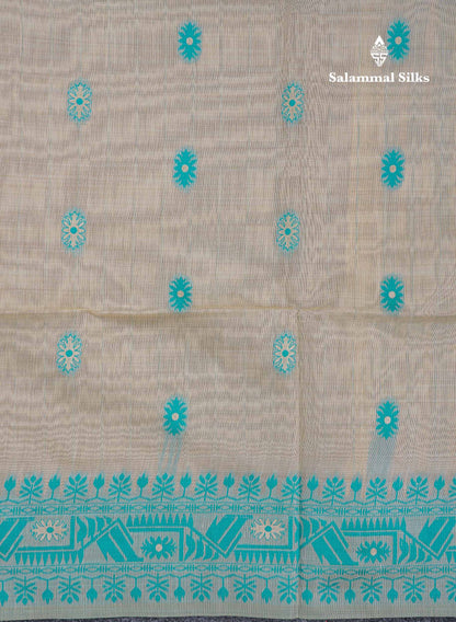 Beautiful Cream Sandal Thread Work & Zari Buttas Muga Cotton Saree With Contrast Pink Fancy Border