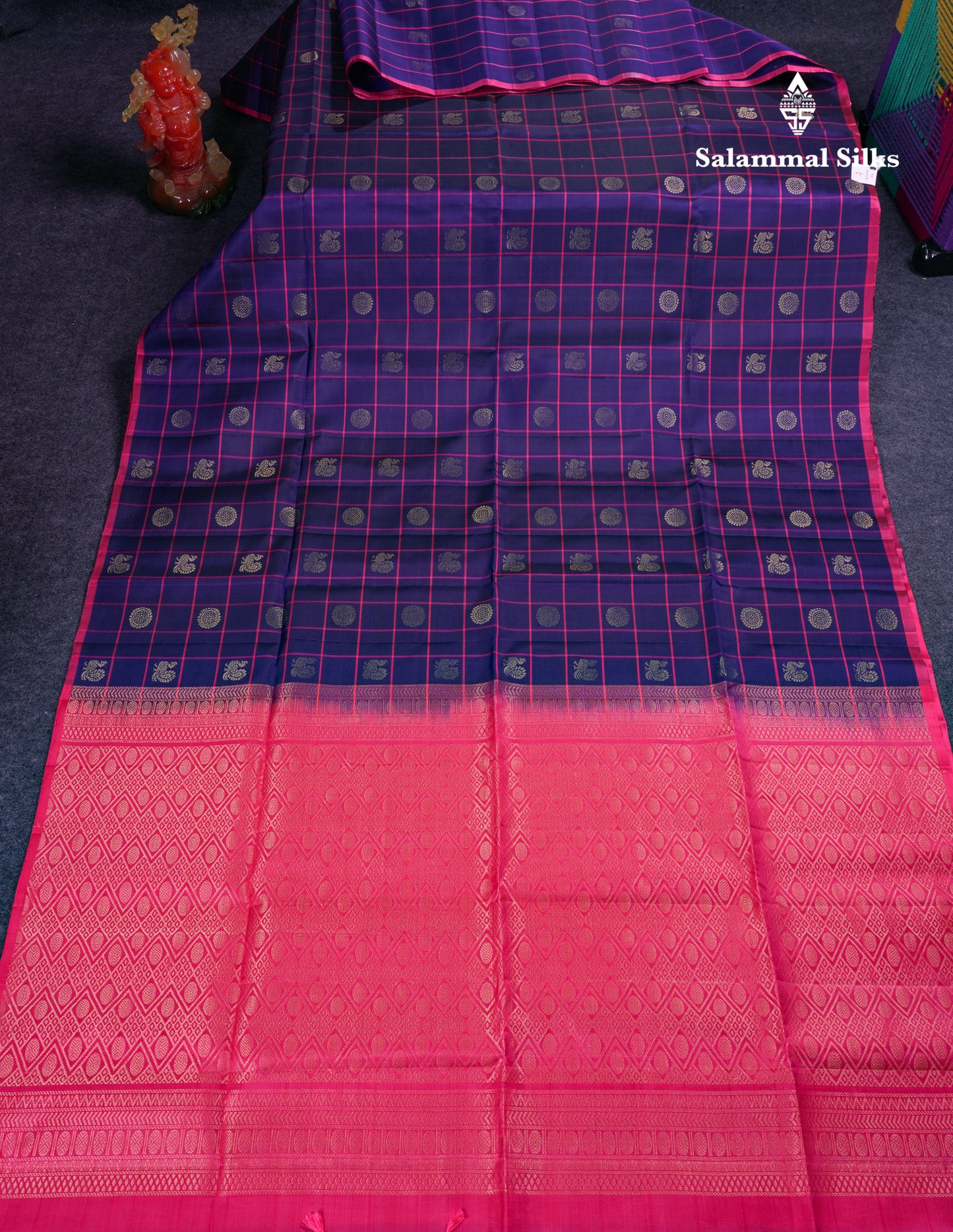 Beautiful Navy Blue Checks With Butta Pure Kanjivaram Soft Silk Saree With Contrast Pink Blouse