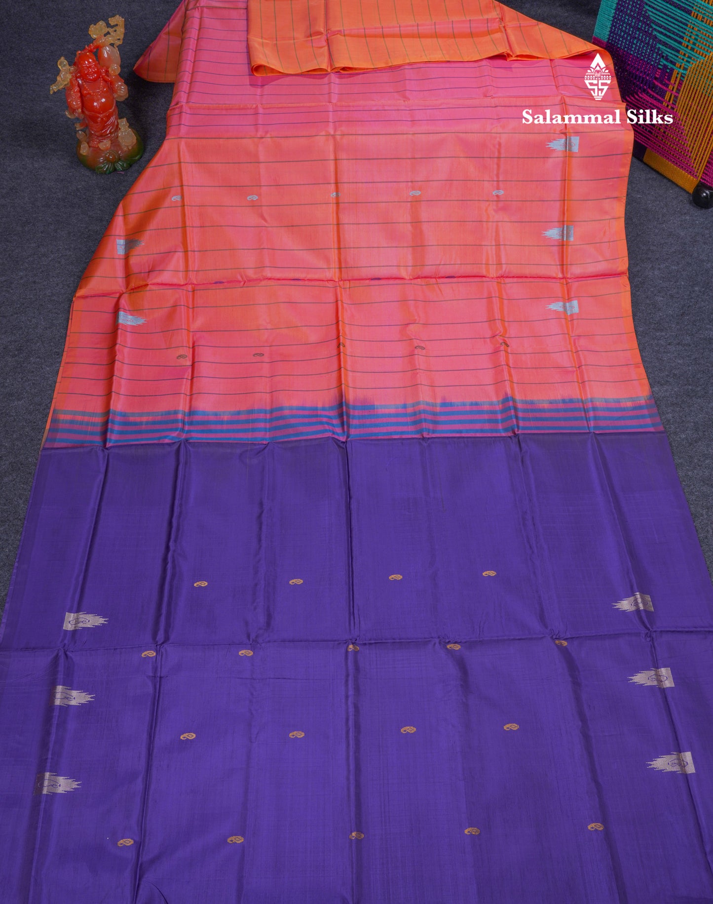 Pinkish Peach Thread work & Lines Buttas Banana Pinth Saree (Vaazhainaar Pattu) With Contrast Violet Blouse