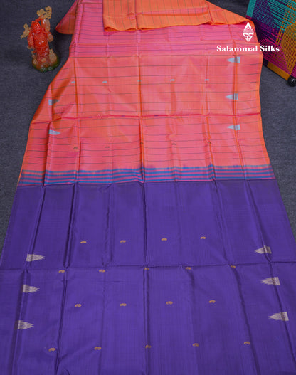 Pinkish Peach Thread work & Lines Buttas Banana Pinth Saree (Vaazhainaar Pattu) With Contrast Violet Blouse
