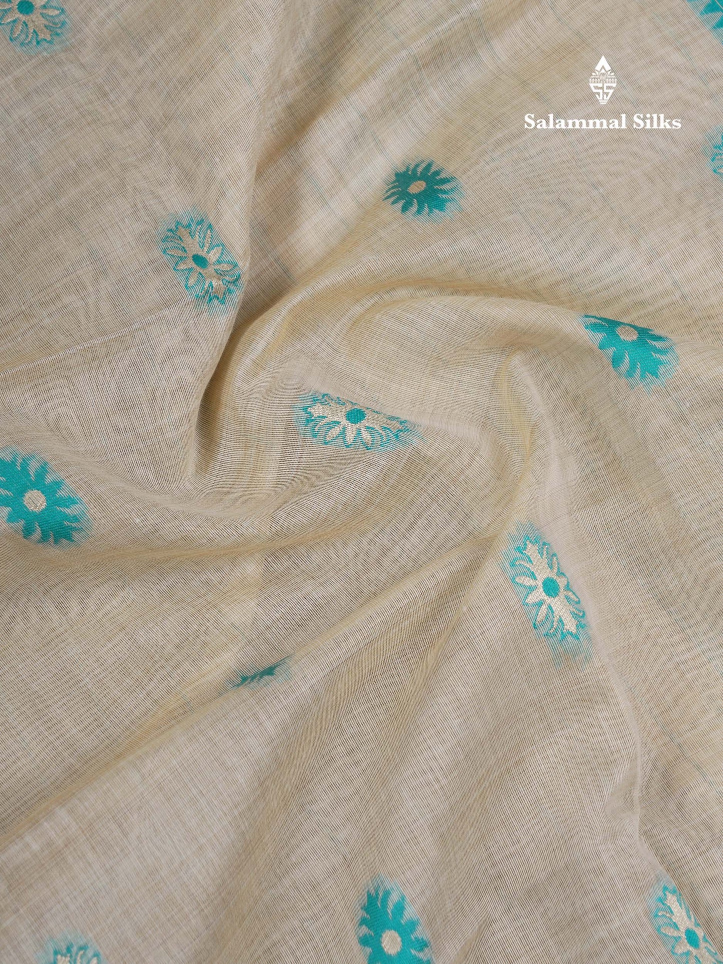 Beautiful Cream Sandal Thread Work & Zari Buttas Muga Cotton Saree With Contrast Pink Fancy Border