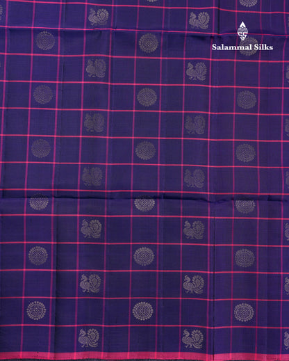 Beautiful Navy Blue Checks With Butta Pure Kanjivaram Soft Silk Saree With Contrast Pink Blouse