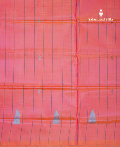 Pinkish Peach Thread work & Lines Buttas Banana Pinth Saree (Vaazhainaar Pattu) With Contrast Violet Blouse