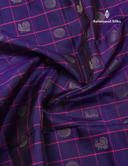 Beautiful Navy Blue Checks With Butta Pure Kanjivaram Soft Silk Saree With Contrast Pink Blouse
