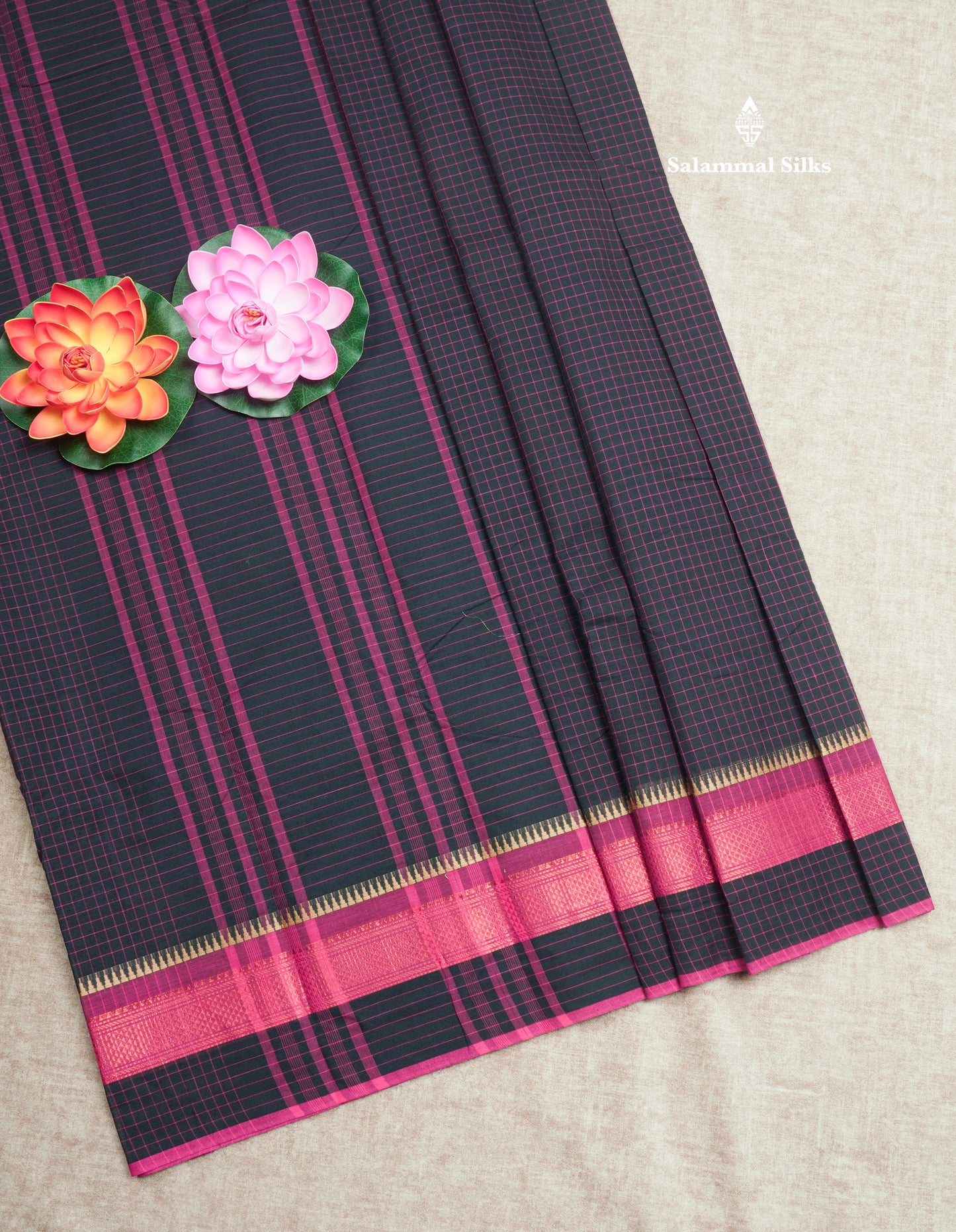 Dark Brown Thread Checks Beautiful Chettinad Cotton Saree With Temple & Zari Border