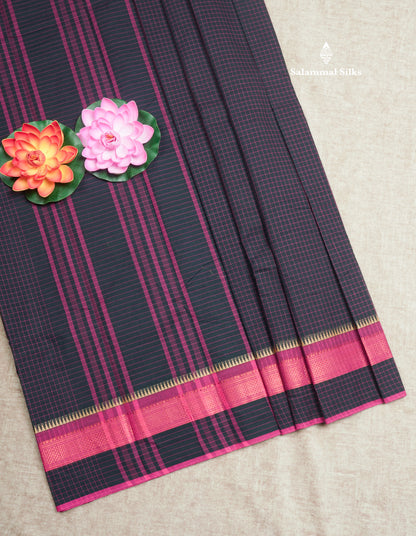 Dark Brown Thread Checks Beautiful Chettinad Cotton Saree With Temple & Zari Border