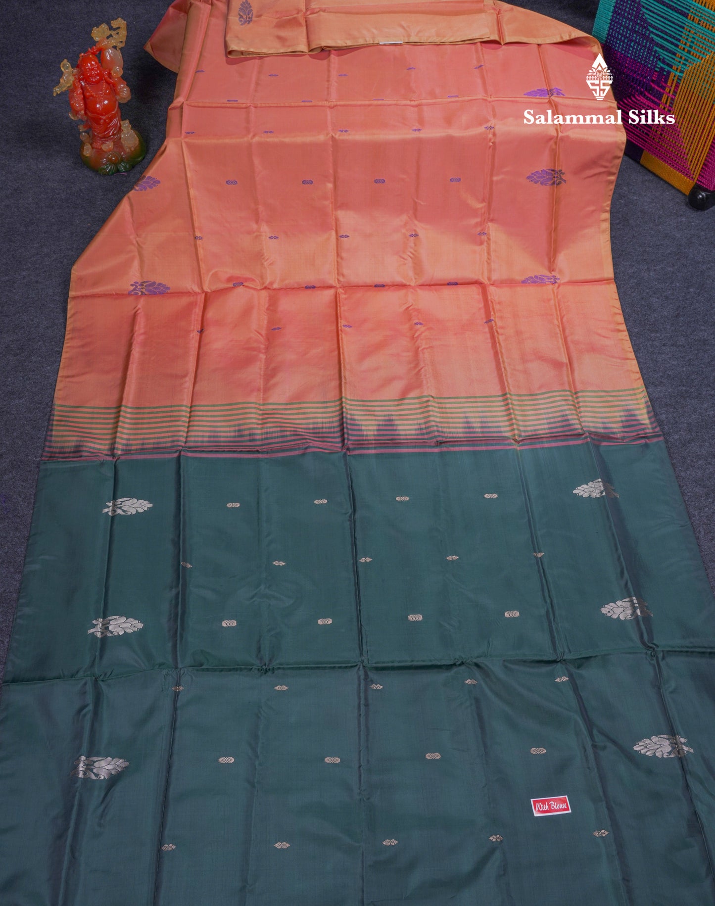 Orange Thread work Buttas Banana Pinth Saree (Vaazhainaar Pattu) With Contrast Bottle Green Blouse