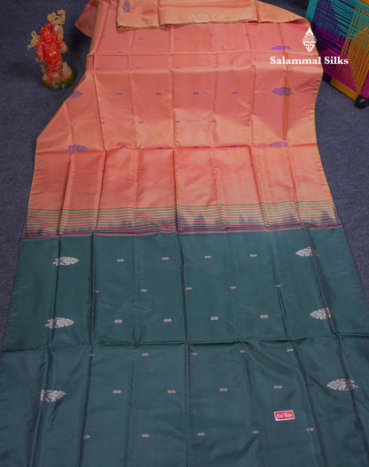 Orange Thread work Buttas Banana Pinth Saree (Vaazhainaar Pattu) With Contrast Bottle Green Blouse