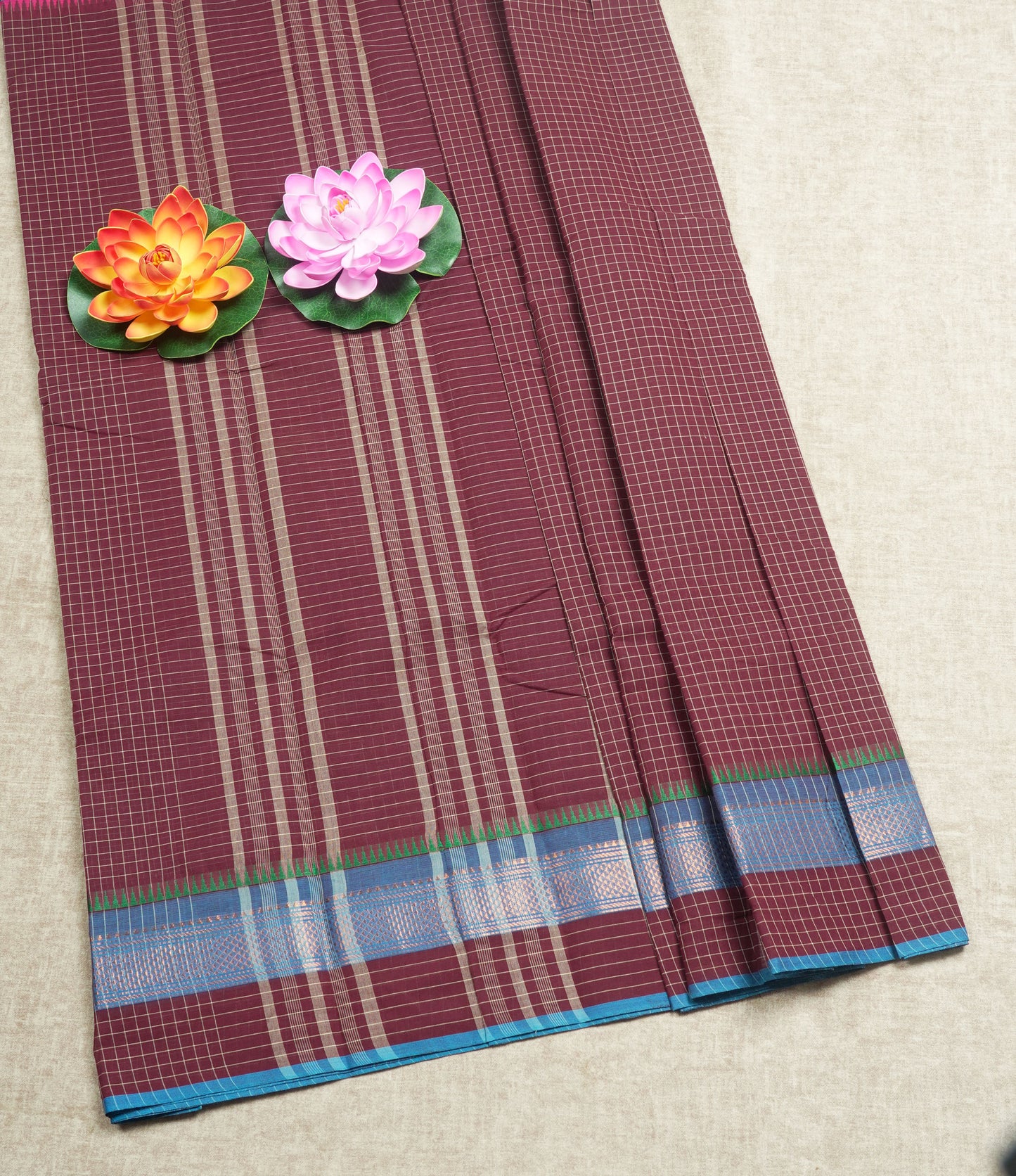 Dark Brown Thread Checks Beautiful Chettinad Cotton Saree With Temple & Zari Border