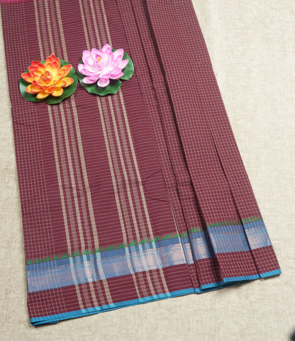 Dark Brown Thread Checks Beautiful Chettinad Cotton Saree With Temple & Zari Border