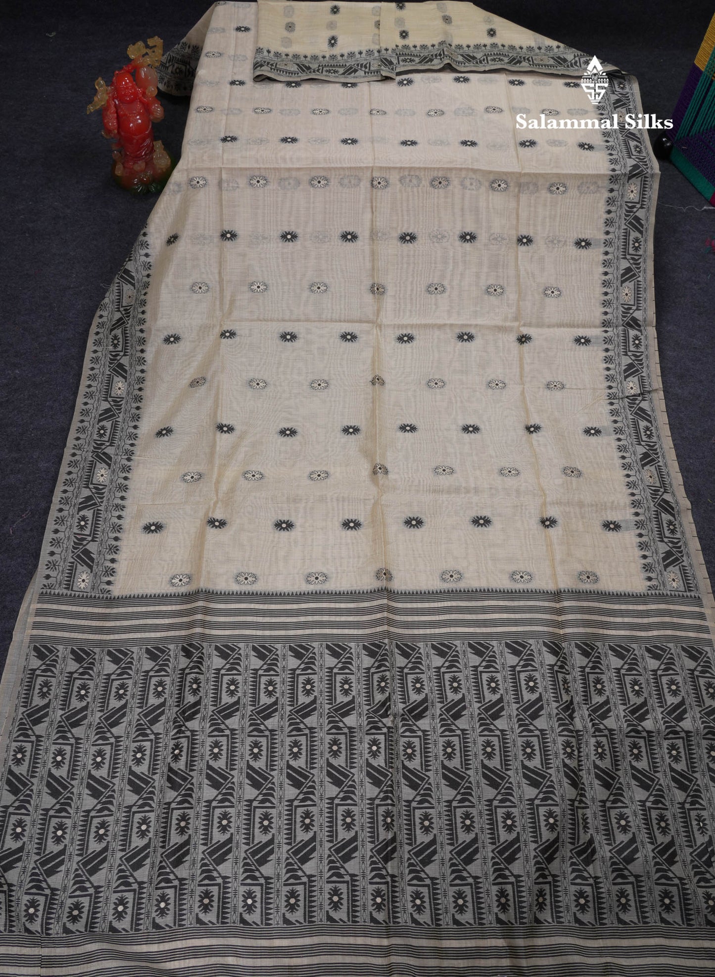 Beautiful Cream Sandal Thread Work & Zari Buttas Muga Cotton Saree With Contrast Pink Fancy Border