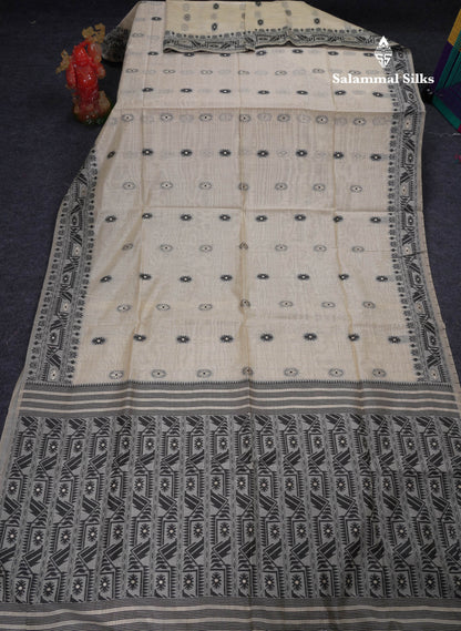 Beautiful Cream Sandal Thread Work & Zari Buttas Muga Cotton Saree With Contrast Pink Fancy Border