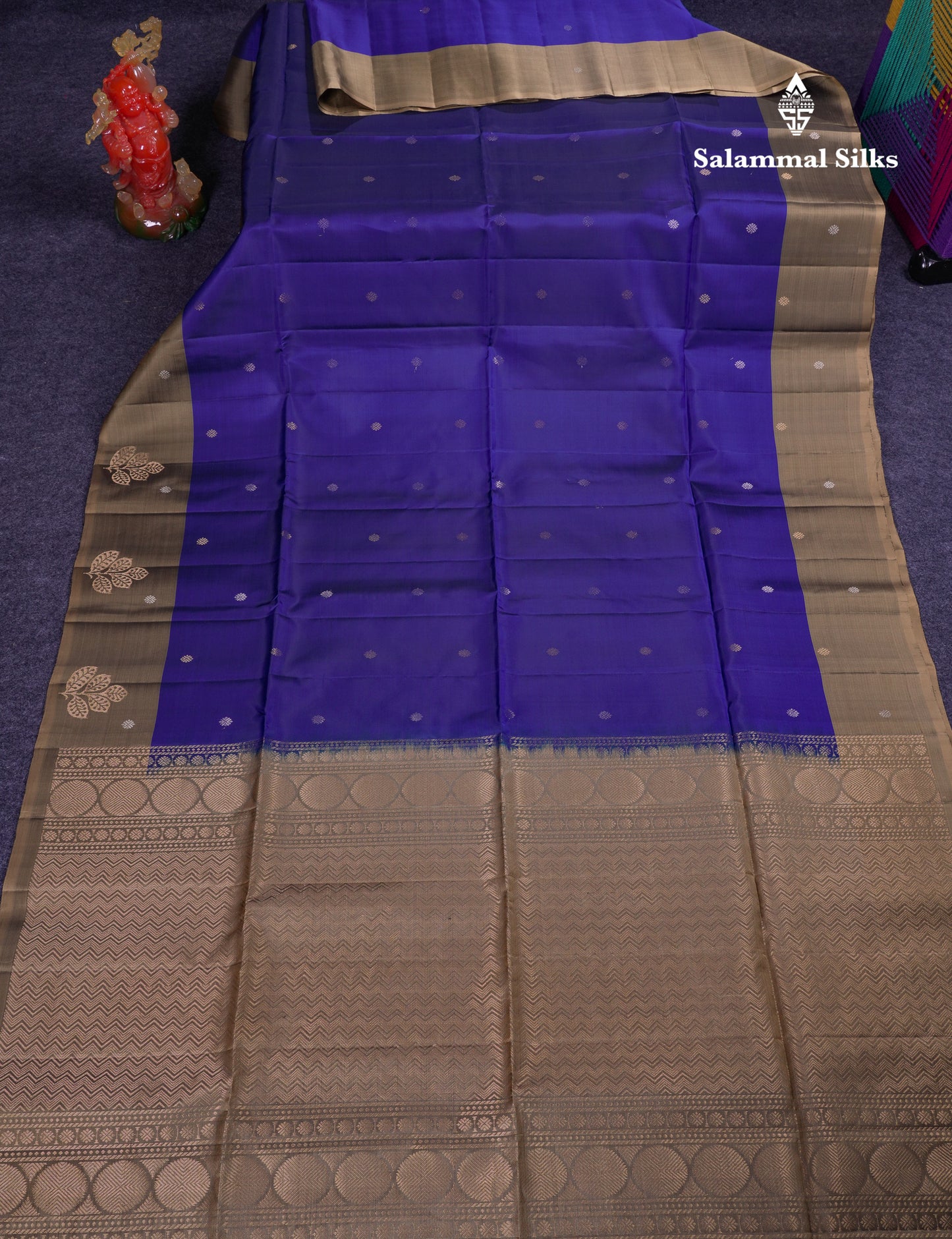 Beautiful Navy Blue PureMix Kanjivaram Soft Silk Saree With Contrast Light Brown Blouse