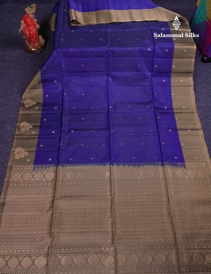 Beautiful Navy Blue PureMix Kanjivaram Soft Silk Saree With Contrast Light Brown Blouse