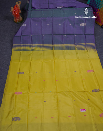 Dark Violet Thread work Buttas Banana Pinth Saree (Vaazhainaar Pattu) With Contrast Parrot Green Blouse