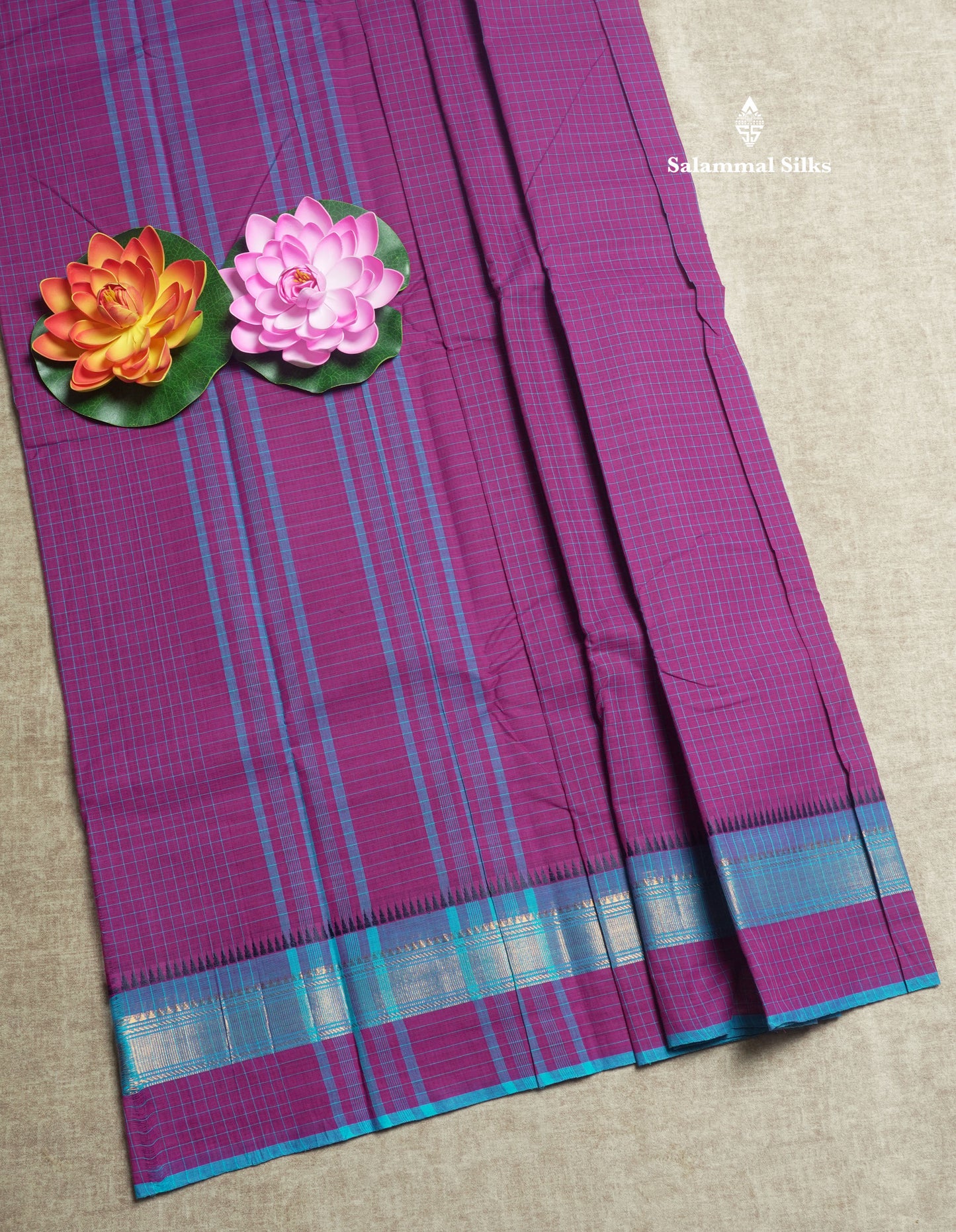 Dark Brown Thread Checks Beautiful Chettinad Cotton Saree With Temple & Zari Border