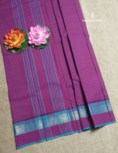 Dark Brown Thread Checks Beautiful Chettinad Cotton Saree With Temple & Zari Border
