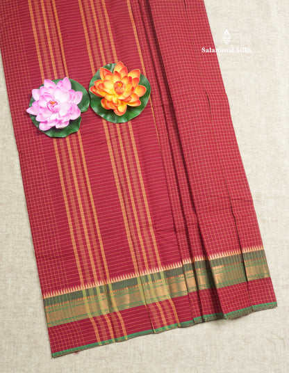 Dark Brown Thread Checks Beautiful Chettinad Cotton Saree With Temple & Zari Border
