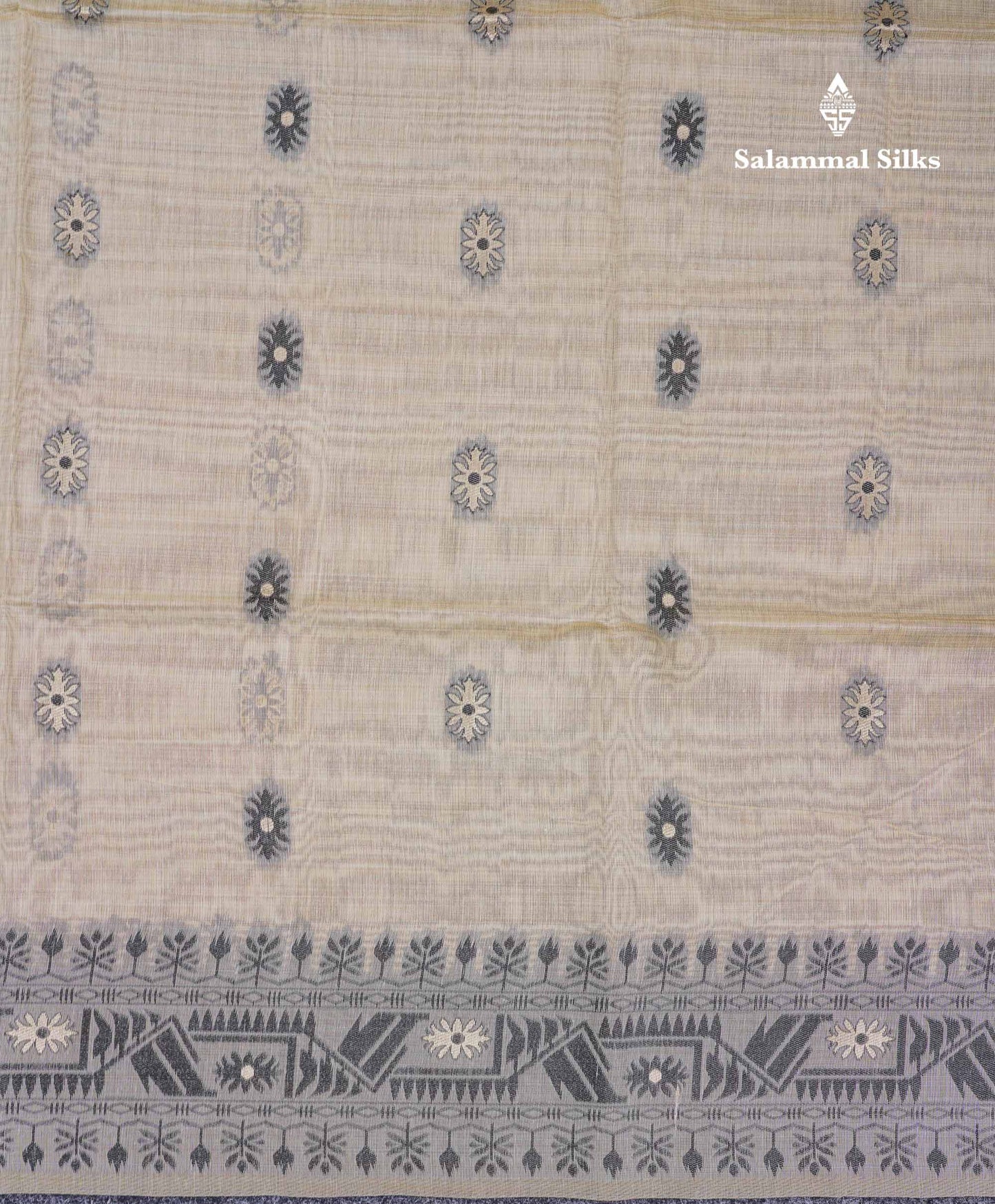 Beautiful Cream Sandal Thread Work & Zari Buttas Muga Cotton Saree With Contrast Pink Fancy Border