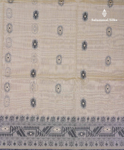 Beautiful Cream Sandal Thread Work & Zari Buttas Muga Cotton Saree With Contrast Pink Fancy Border
