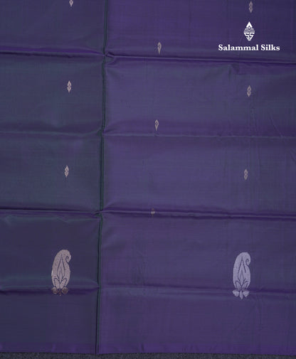 Dark Violet Thread work Buttas Banana Pinth Saree (Vaazhainaar Pattu) With Contrast Parrot Green Blouse