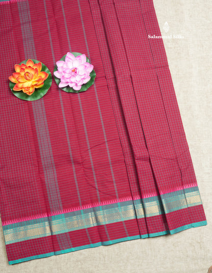 Dark Brown Thread Checks Beautiful Chettinad Cotton Saree With Temple & Zari Border
