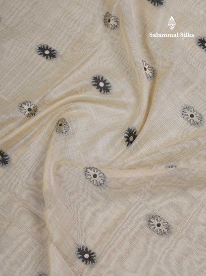 Beautiful Cream Sandal Thread Work & Zari Buttas Muga Cotton Saree With Contrast Pink Fancy Border