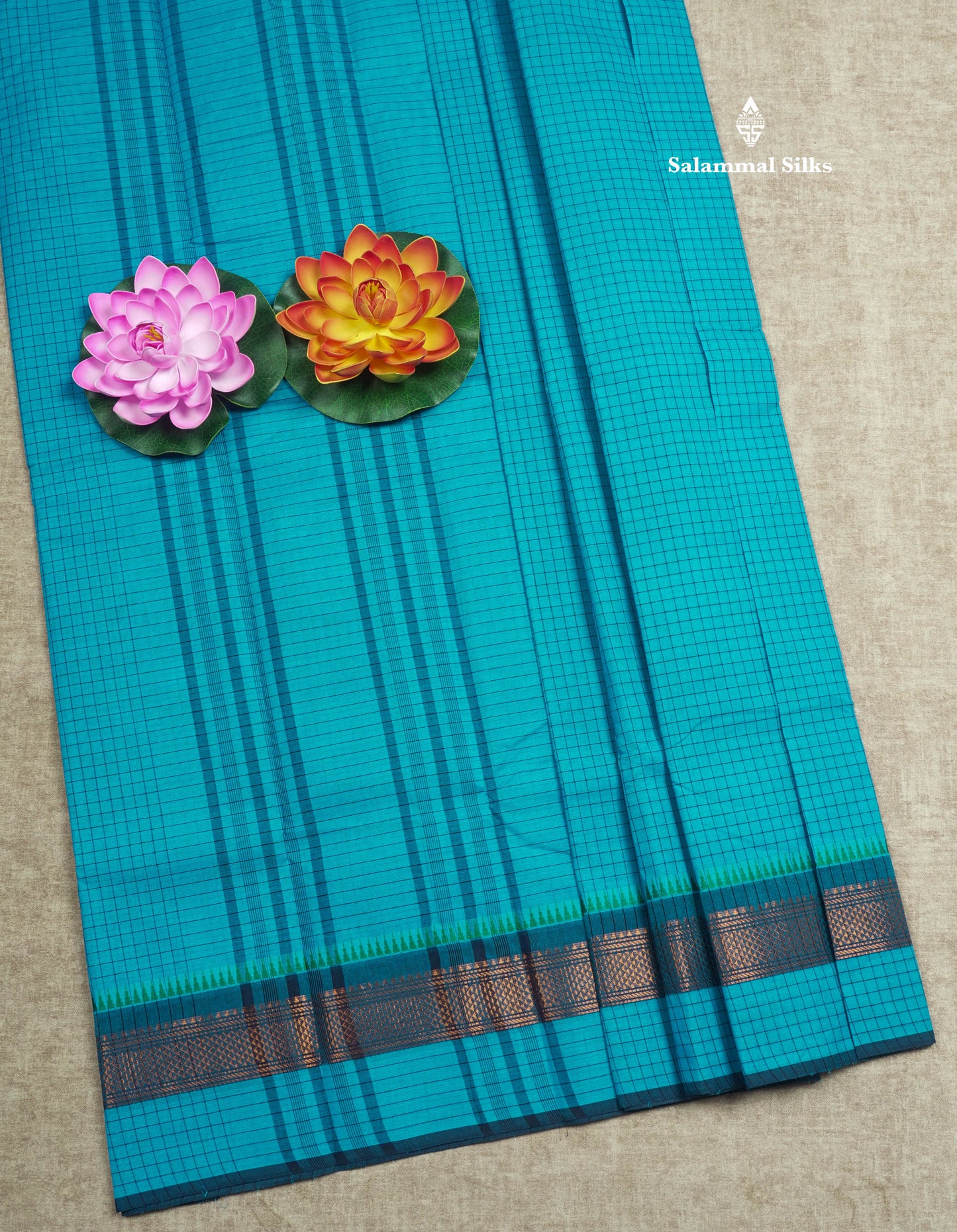Dark Brown Thread Checks Beautiful Chettinad Cotton Saree With Temple & Zari Border
