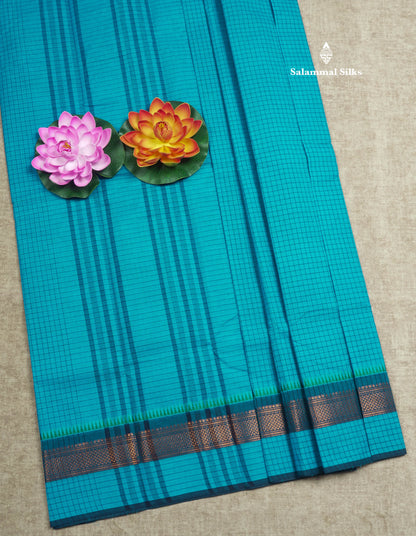 Dark Brown Thread Checks Beautiful Chettinad Cotton Saree With Temple & Zari Border