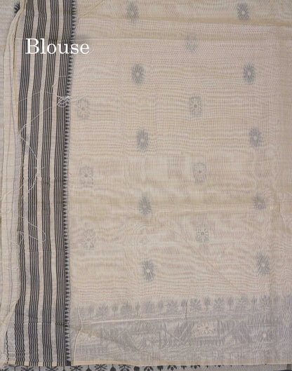 Beautiful Cream Sandal Thread Work & Zari Buttas Muga Cotton Saree With Contrast Pink Fancy Border