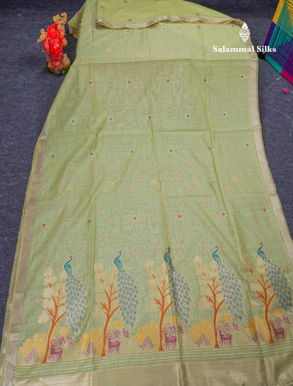 Beautiful Light Green Menakari Work Muga Cotton Saree With Small Ribbon Border