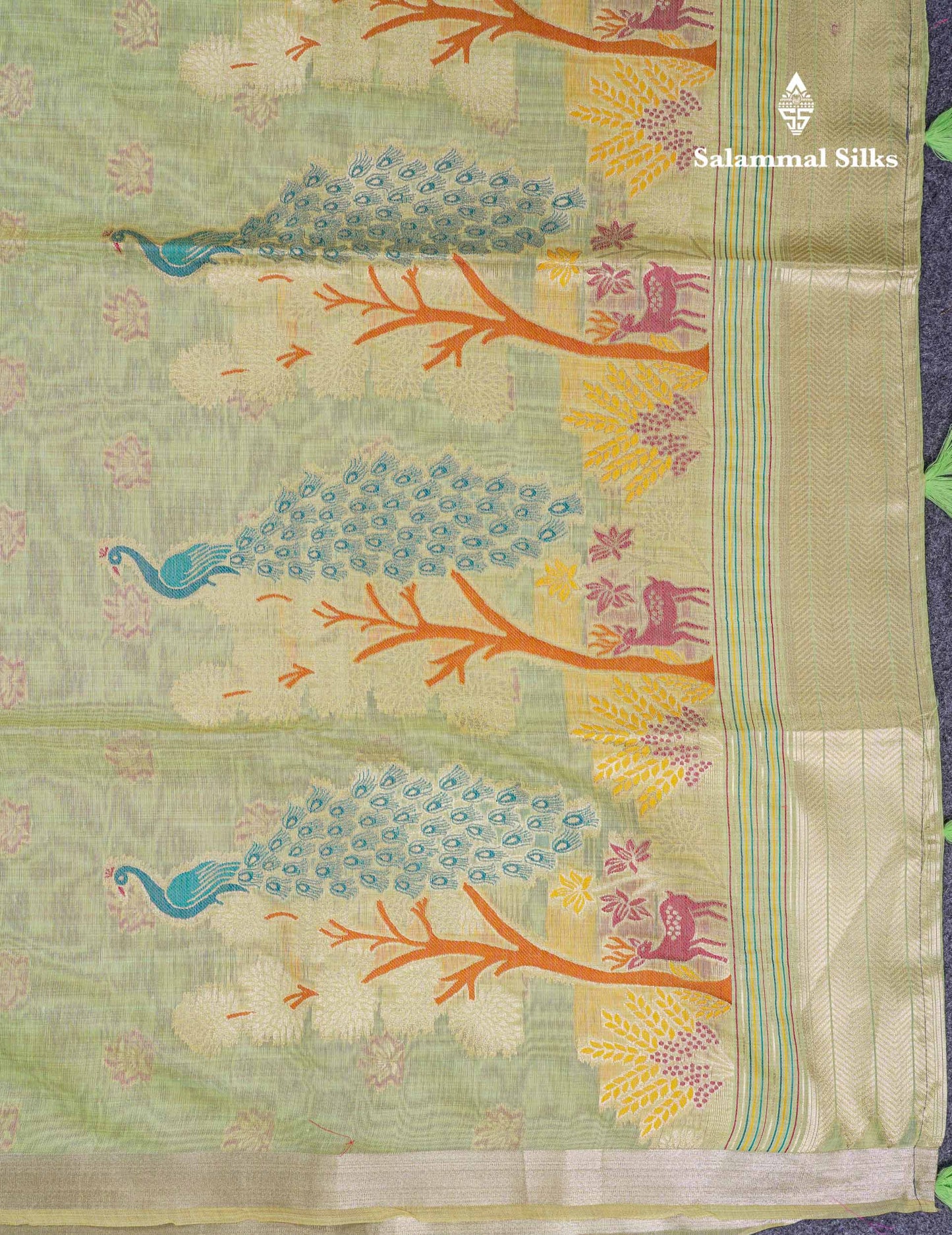 Beautiful Light Green Menakari Work Muga Cotton Saree With Small Ribbon Border