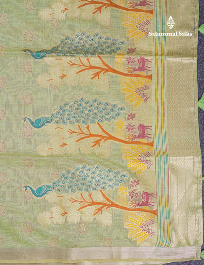Beautiful Light Green Menakari Work Muga Cotton Saree With Small Ribbon Border