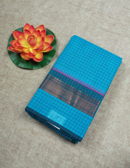 Dark Brown Thread Checks Beautiful Chettinad Cotton Saree With Temple & Zari Border