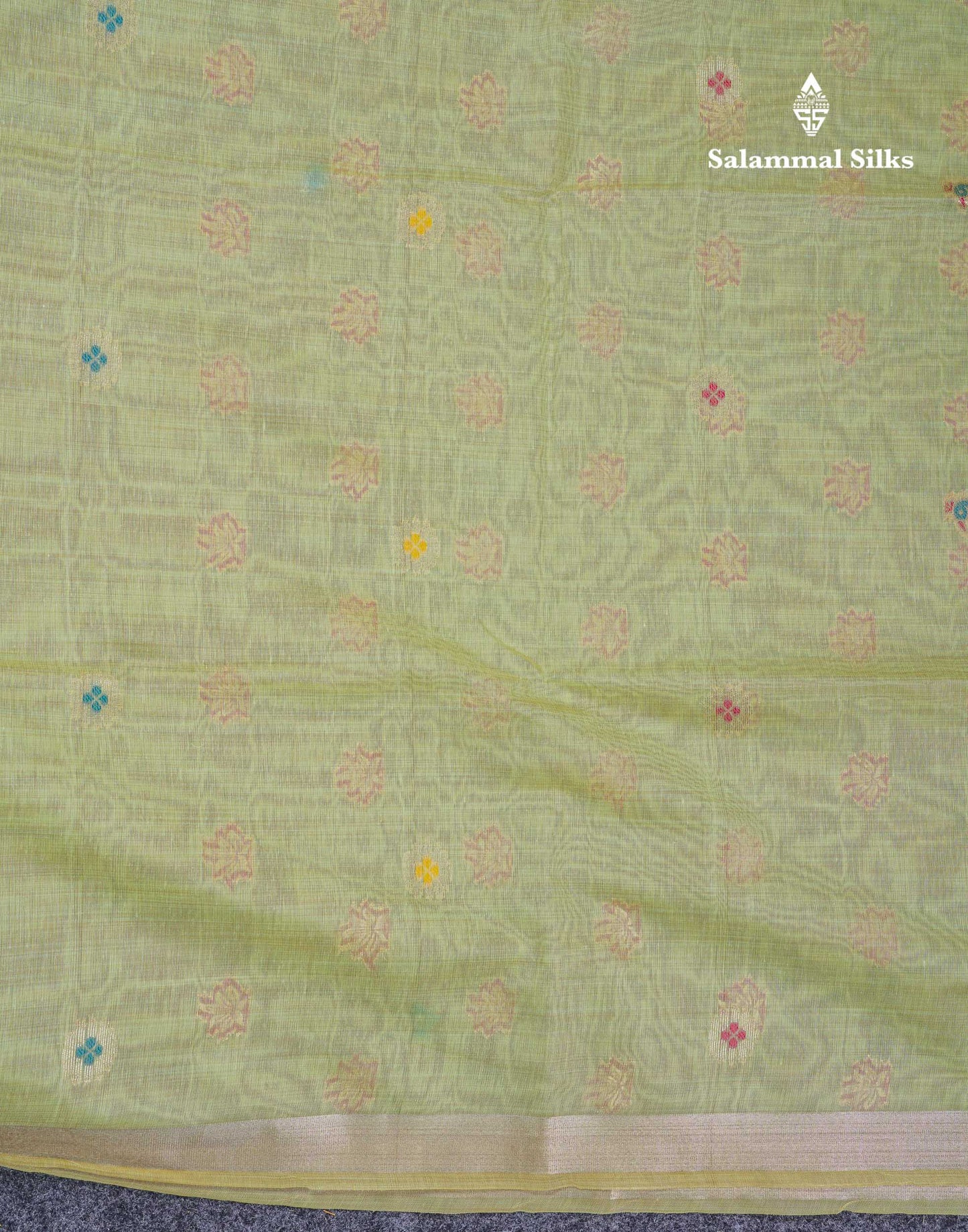 Beautiful Light Green Menakari Work Muga Cotton Saree With Small Ribbon Border