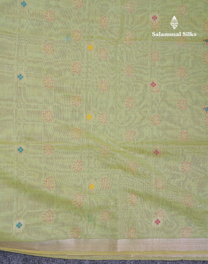 Beautiful Light Green Menakari Work Muga Cotton Saree With Small Ribbon Border