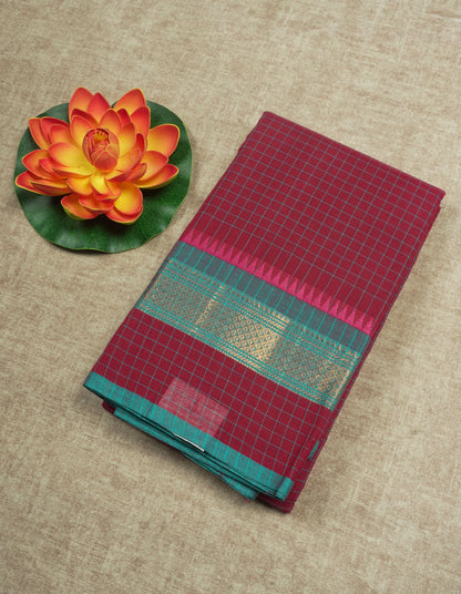 Dark Brown Thread Checks Beautiful Chettinad Cotton Saree With Temple & Zari Border