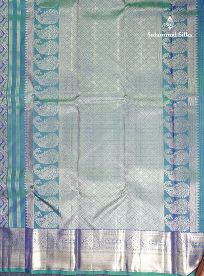 Beautiful Green And Peacock Blue Daimond Design Pure Kanjivaram Silk Saree Pure Zari with Blouse